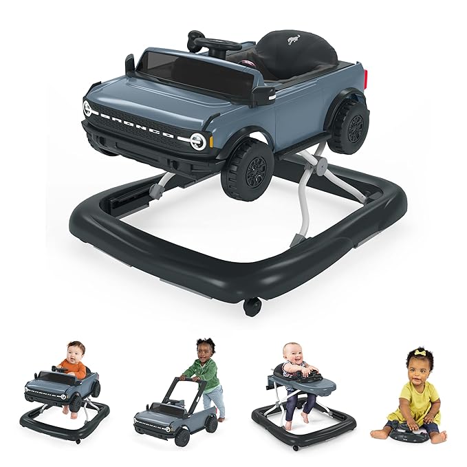 Bright Starts Ford Bronco 4-in-1 Blue Grey Baby Activity Center & Push Walker with Removable Interactive Steering Wheel -Toy, 6 Months and up