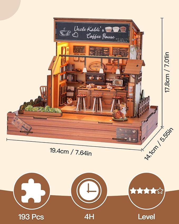 DIY Miniature House Kit Coffee Shop, DIY Miniature Dollhouse Kit with LED Music Light for Room Bookshelf Decor, Tiny House Crafts for Adults, Birthday for Men Women Teens