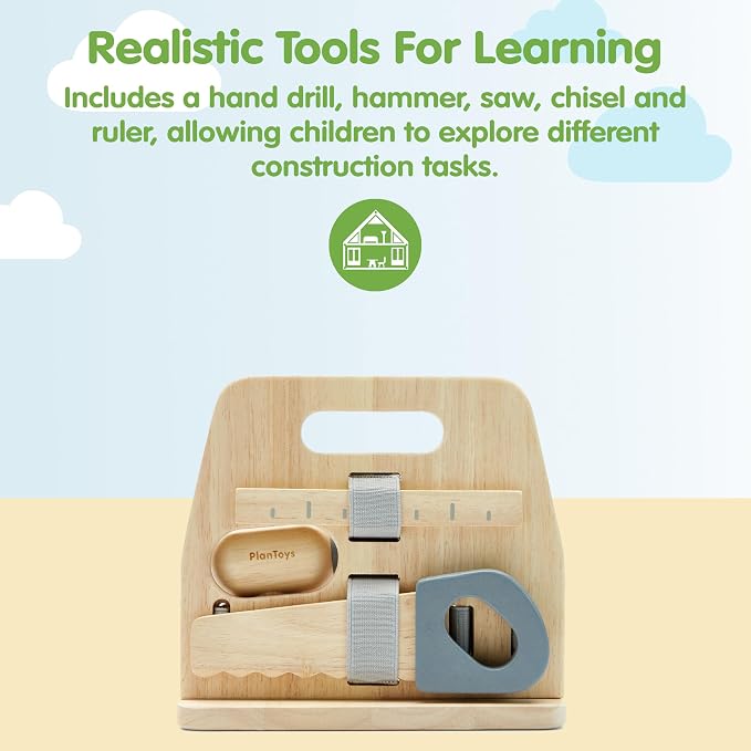PlanToys® Wooden Handy Carpenter Set for Montessori Inspired Practical Life Play | Fine Motor, Construction and Imaginative Skill Building | Eco Friendly Tool Set for Creative Hands On Learning