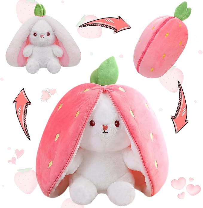 MIAODAM Bunny Stuffed Animal Reversible Cuddle Bunny Stuffed,Strawberry Bunny Transformed Rabbit Plush Zipper,Turns Into Ears Bunnies Plushies Toy Cute Stuffy Doll Easter
