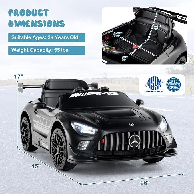 Costzon Ride on Car, 12V Licensed Mercedes-AMG GT3 Kids Car with Remote Control, 3 Speeds, LED Lights, Music, Wireless, Transport Wheels & Soft Start, Electric Vehicle for Toddlers Aged 3+ (Black)