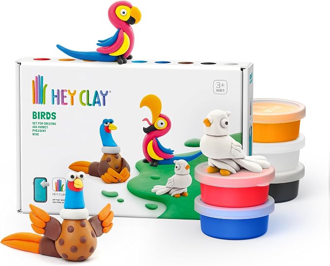 HEY CLAY Colorful Modeling Air Dry Clay for Kids 6 cans with Fun Interactive Instructions App - Kids Activities Age 3+ (Birds: Pheasant, Ara Parrot, Dove)