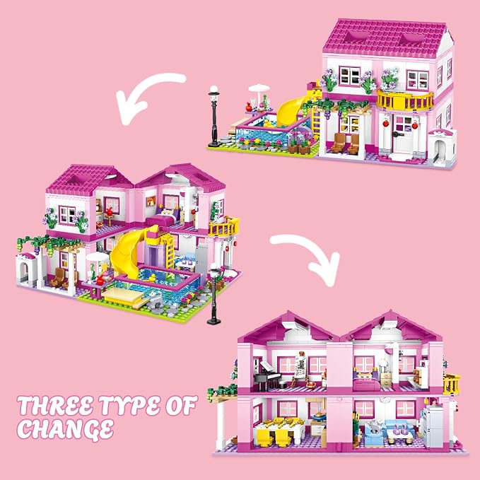 CSNRHG Pink Summer Pool Villa Building Block Set Friends Construction Educational Toy 1018 Pieces Gifts for Girls Teens Kids Adults Ages 6+