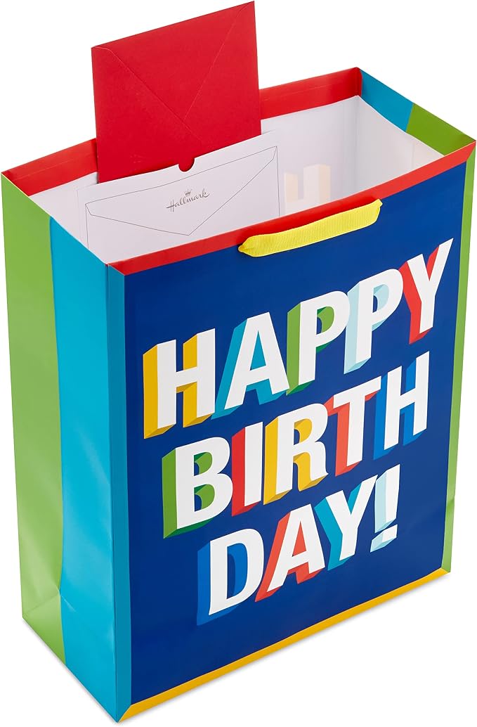 Hallmark 15" Extra Large Birthday Gift Bag with Tissue Paper (Happy Birthday, Red, Blue, Yellow, Green) for Kids, Teachers, Coworkers, Friends