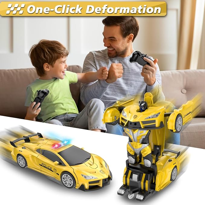 Remote Control Car with One Button Transformation, RC Cars Transforming into Robot Car, 2.4Ghz 360 Degree Rotation Police Car with Light, 1:18 Scale Transform Toys for Boys Girls Kids 4-7 8-12 6-8