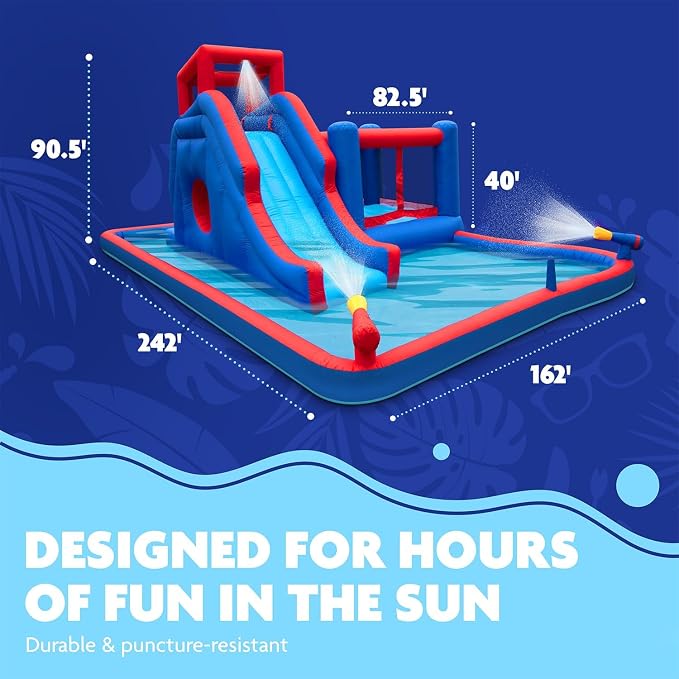 Sunny & Fun 2-in-1 Bounce & Blast Inflatable Water Slide Park – Heavy-Duty for Outdoor Fun - Climbing Wall, Slide, Bouncer, Tunnel & Splash Pool – Easy to Set Up, Included Air Pump & Carrying Case