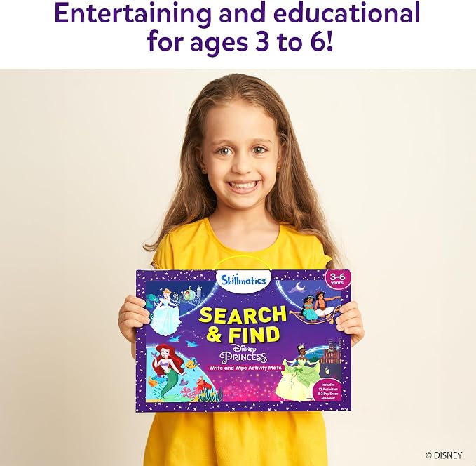 Skillmatics Search and Find Disney Princess Educational Game - Reusable Preschool Learning Activity, Perfect for Toddlers & Kids, Screen-Free Fun, Art & Crafts, Gifts for Boys & Girls Ages 3, 4, 5, 6