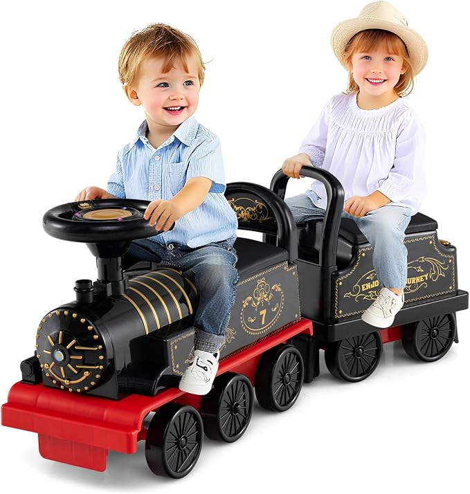 Costzon 2-Seater Ride on Train with Carriage, 6V Ride on Toy w/Under-Seat Storage, Footrests, Train Whistle, Music & Colorful Flashing LED Lights, Electric Car for Kids Aged 18+ (2 Seaters, Black)