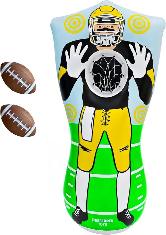 Preferred Toys 65” Inflatable Football Target Net Toss Game - Double-Sided Throwing Practice Football Stuff with Mini Balls - Backyard Tailgate Party Sports Toy for Kids & Adults