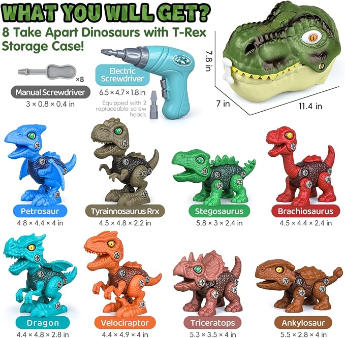 Drefirsa Dinosaur Toys for Kids Age 3-5 5-7, 8Pcs Take Apart Dinosaur Set | Trex Storage Case, Electric Drill Toy, STEM Building Toy, Christmas Birthday Gift for 3 4 5 6 Year Old Boy, Party Favor