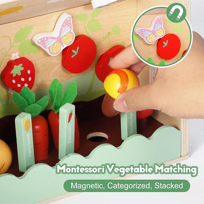 SIMPLIPLAY Montessori Wooden Flower Garden Toys, Wooden Dollhouse Kit with Vegetable Matching Toy, Educational Farm Pretend Play & Play Food Sorting for Toddler Kids Boys Girls Birthday