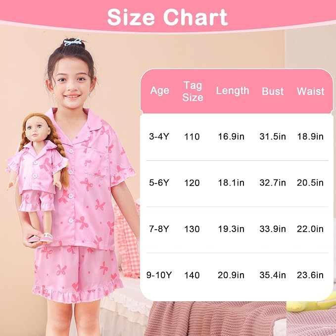 ICOSY Matching Doll & Girls Silk Pajamas Satin Pjs for Girls Button-Down Top and Shorts for 18" Doll Girl Clothes