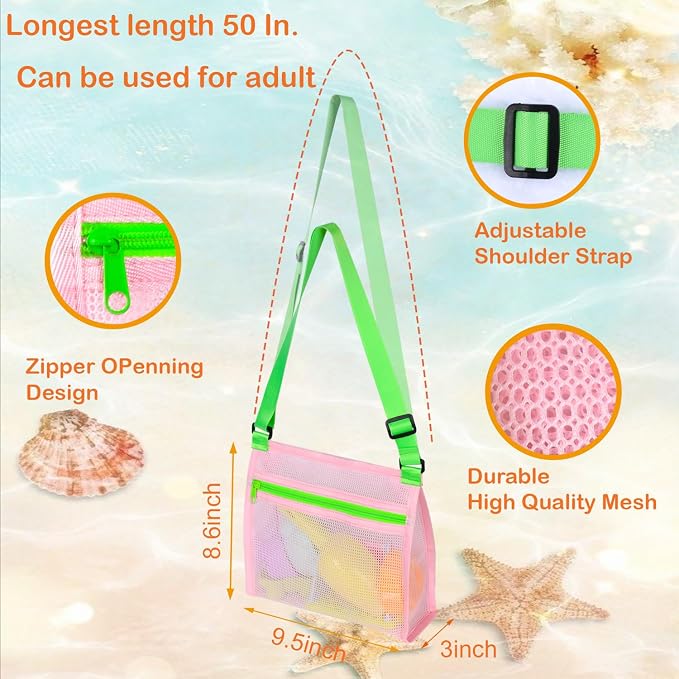 MUYIZI Beach Mesh Shovel with Mesh Beach Bag for Shell Collecting, Kids Sand Sifter for The Beaches,Shell Scooper for Beaches,Shark Tooth Sifter Dipper,Sea Shell Bags for Kids,Sand Toys (Pink+Yellow)