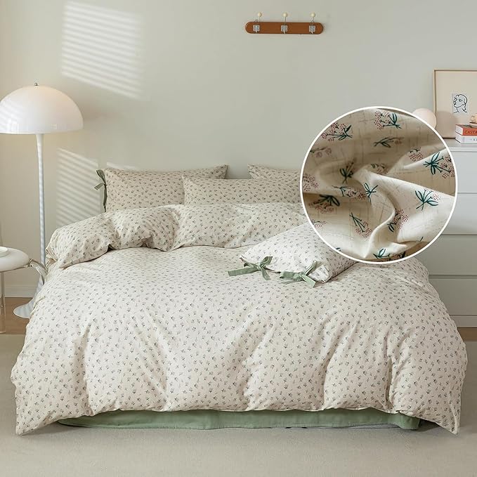LifeTB Full Comforter Set Vintage Green Floral Bedding Comforter Boho Flower Cottagecore Comforter with 2 Bow Ties Pillowcases Fluffy Lightweight Bedding Farmhouse Botanical Comforter Set