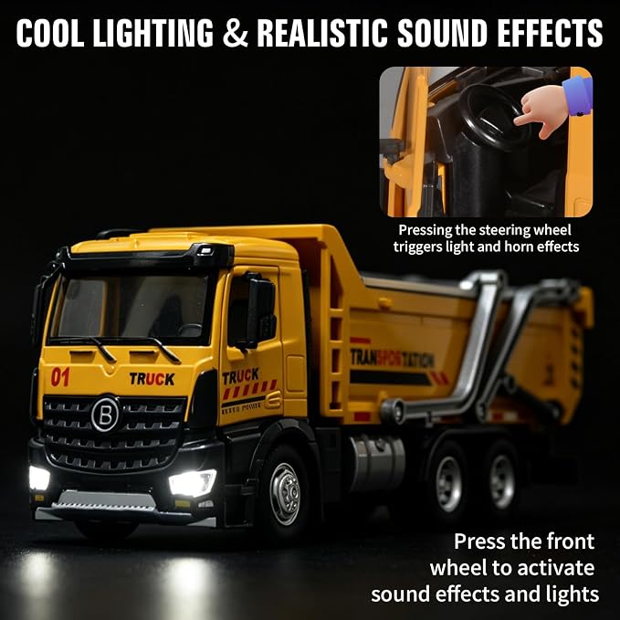 Dump Truck Toy Diecast Metal Cab Large Dump Truck with a Liftable Dump Bed Construction Truck Toys for Kids Pull Back Toy Dump Truck with Lights and Sounds Dump Truck Toys for Boys 3-5 Year Old