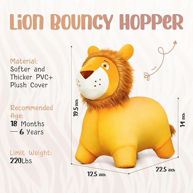 Lion Bouncy Hopper Horse, Inflatable Plush Hopping Toy, Bouncing Animal Hopper for Toddlers, Fun Ride-On Toy for Kids 18 Months-6 Years, Indoor & Outdoor Play, Great Gift Boys Girls