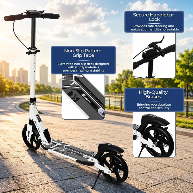 Nattork Scooter for Kids Teens and Adult Max Load 240LBS- Adjustable Height Folding Scooter with Large Sturdy Wheels Smooth Ride, Lightweight, Commuter Adult Scooters with Disc Brake,Shock Absorption