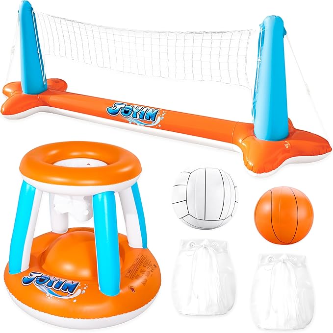 JOYIN Pool Toys Games Set-Inflatable Pool Float Set Volleyball Net & Basketball Hoops, 2 in1 Floating Swimming Game Toy, Volleyball Swimming Pool Game for Kids and Adults, Backyard Beach Summer Toys