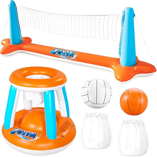 JOYIN Pool Toys Games Set-Inflatable Pool Float Set Volleyball Net & Basketball Hoops, 2 in1 Floating Swimming Game Toy, Volleyball Swimming Pool Game for Kids and Adults, Backyard Beach Summer Toys