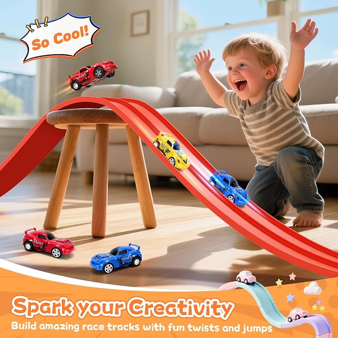 KETIEE Flex Tracks 16 Ft for Kids, Flexible Race Car Ramp Track with 2 Small Racecars and 4 Suction Cups Compatible with Diecast 1/64th Cars,Rolls Up Portable Racetrack for Ages 3 & Up