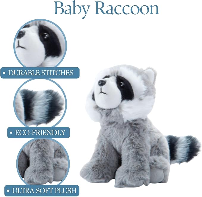 The Petting Zoo Raccoon Stuffed Animal Plushie, Gifts for Kids, Wild Onez Babiez Zoo Animals, Raccoon Plush Toy 6 inches
