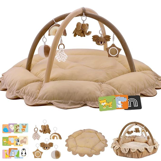 5-in-1 Baby Activity Gym & Play Mat with 6 Hanging Toys, Tummy Time Mat & Cards - Extra Large, Reversible Machine Washable Pad - Gift for Newborns, Infants 0-12 Months, Brown