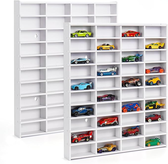 Krafetto 2 Pack Toy Car Display Shelf, Holds 80 Diecast 1/64 Toy Cars, Wall Mount Model Car Storage Organize Case, White