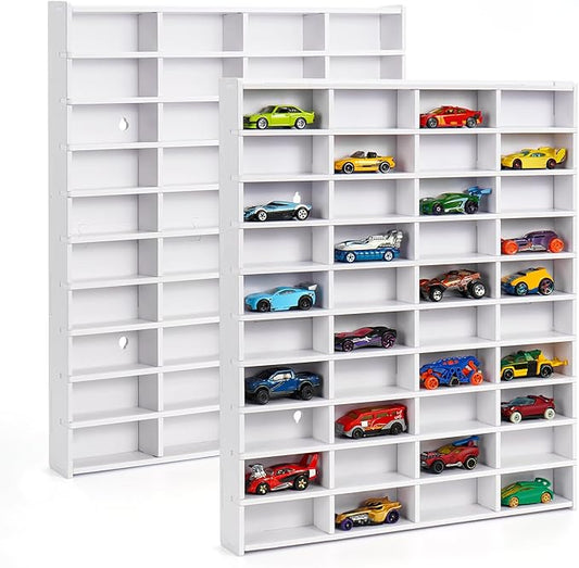 Krafetto 2 Pack Toy Car Display Shelf, Holds 80 Diecast 1/64 Toy Cars, Wall Mount Model Car Storage Organize Case, White