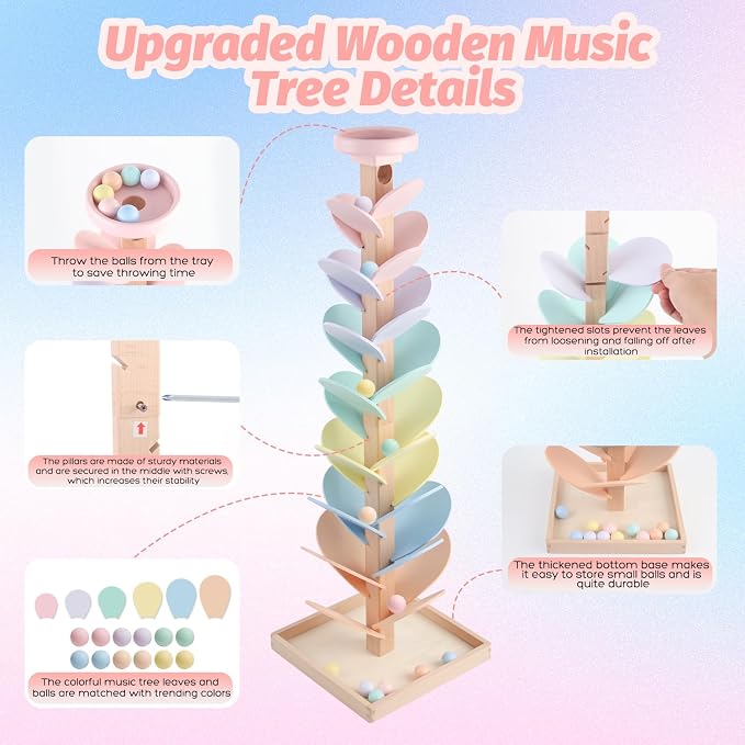 Wooden Marble Run Ball Drop Montessori Toys for Toddlers 4-8 Boys Girls Kids Wood Music Tree Marble Ball Run Game 3-5 8-12 Years Old Learning Color Sorting Sensory Toys Birthday Gift (Height: 28")