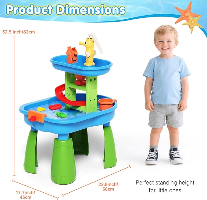 Toddler Water Table - Sensory Table for Kids with 28 Piece Sand Water Toy Set, Outdoor Water Play Table with Rain Shower Sprinkler, Summer Birthday Gift STEM Toy for Boys Girls Ages 3 4 5 6 7 8
