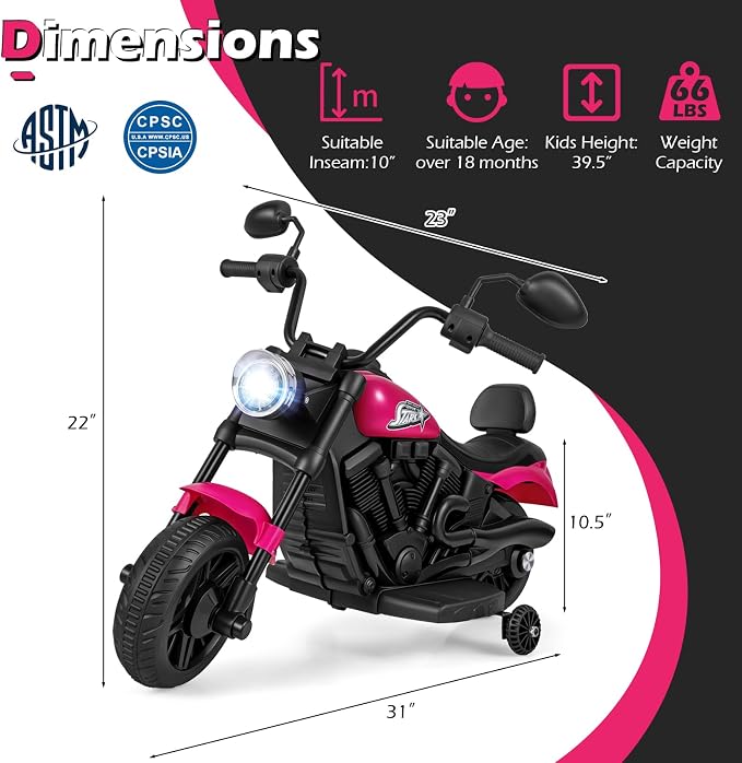 Costzon Kids Motorcycle, 6V Chopper Motorbike Ride on Toy with Headlight, Music, Training Wheels, Electric Toddler Motorcycle for Kids Boys Girls, Gift (Pink, 31" x 23" x 22"(L x W x H))