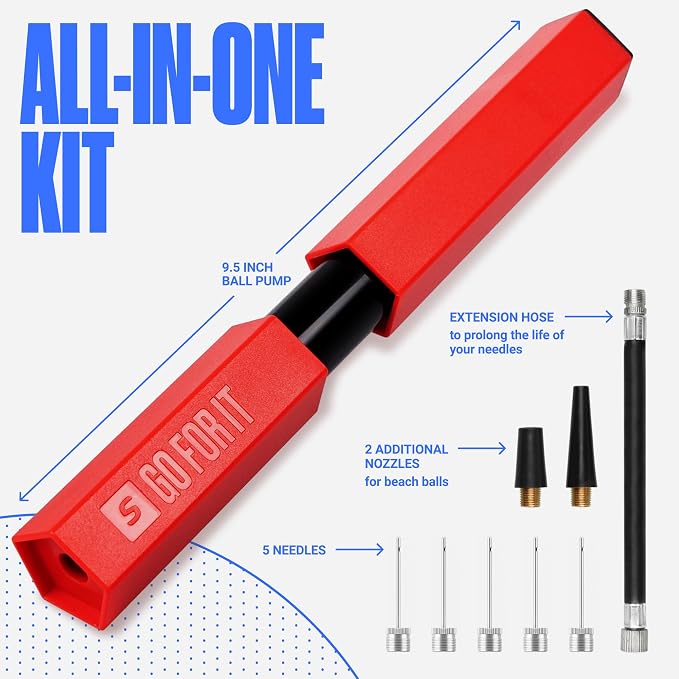 SPORTBIT Ball Pump for Sports Balls - Push & Pull Inflating System - Hand Pump for Exercise Balls - Volleyball Pump, Basketball Inflator, Ball Air Pump - Goes with 5 Needles Set