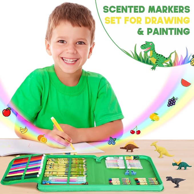 MAIGOZON Dinosaur Gifts for Boys - 57 PCS Scented Markers Art Supplies Set for Kids Ages 4-8, Coloring Drawing Kit with Dino Case, Coloring Book & Quick-Dry Gel Pens, Birthday Christmas Gift