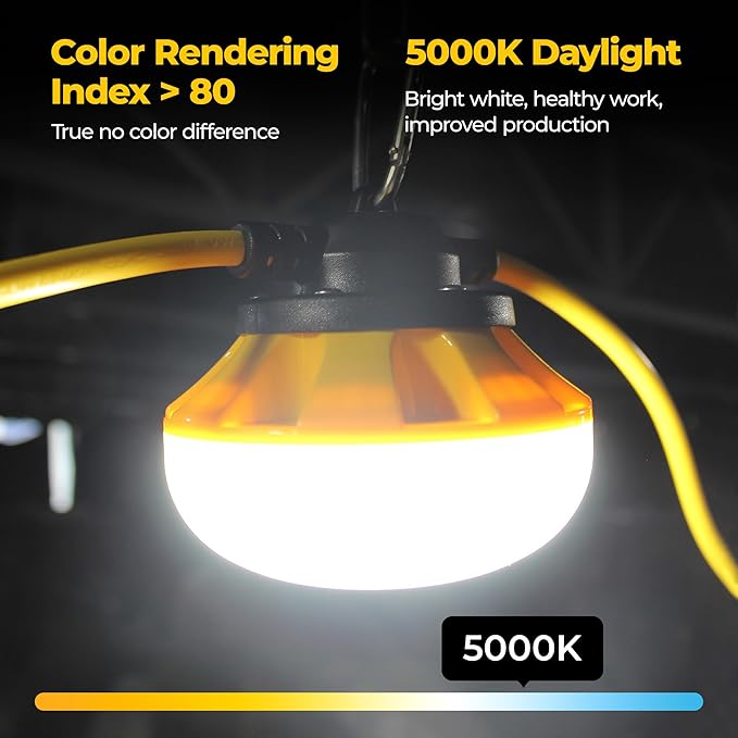 100FT Construction String Lights, 10-Light LED Work Light, 100W 11000LM, ETL Certified, 18/2 SJTW Cord, Linkable up to 8 Sets, IP65 Waterproof, for Jobsite, Attic, Garage