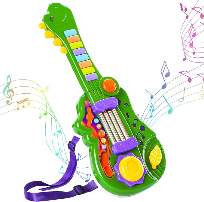 Dinosaur Kids Guitar 2-in-1 Musical Instruments for 3 4 5 Year Old Boys Girls Gifts, Toddler Electric Guitar Piano Toy with Strap & Dino Design (Green)