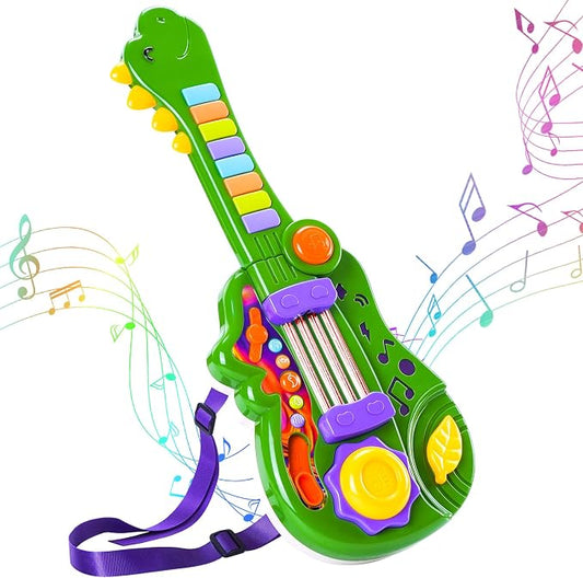 Dinosaur Kids Guitar 2-in-1 Musical Instruments for 3 4 5 Year Old Boys Girls Gifts, Toddler Electric Guitar Piano Toy with Strap & Dino Design (Green)