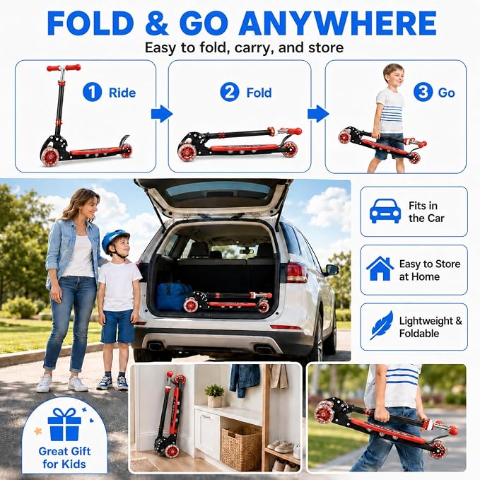 Kids Kick Scooter for 3-12,Lean-to-Steer 3 Wheel Scooter for Beginners with Light-Up Wheels,3 Adjustable Handlebar 27.5"–33",6-Inch Wide Deck,Rear Foot Brake,Foldable Scooter for Boys & Girls