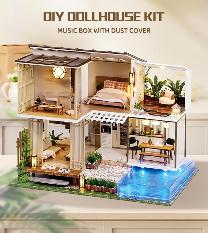 Spilay DIY Miniature House Kit for Adults, Miniature Dollhouse Building Kit | With Warm Light, Music Box & Dust Cover, Creative DIY Craft for Bookshelf Decor, Room Decoration & Gift Giving