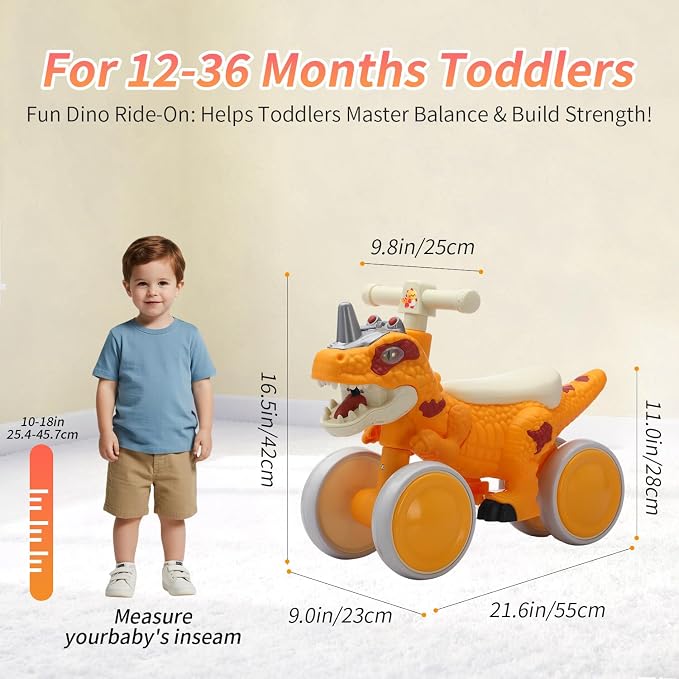 Dinosaur Balance Bike for 1-3 Year Olds, 4-Wheel No-Pedal Bike for Walker, Ride on Toys for Toddlers with Music and Mist Spray, First Birthday Gift for Boys & Girls (Orange)