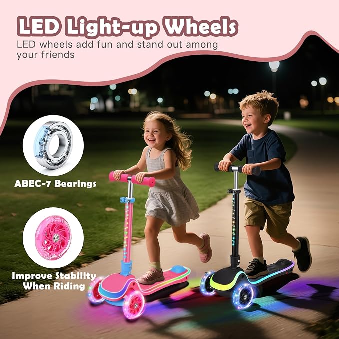 Kids Scooter with Seat, 2 in 1 Kick Toddler Scooter with LED Light-Up Wheels and Light up Deck, 4 Adjustable Heights, Lean to Steer, 3 Wheels Scooter Suitable for Boys & Girls Ages 2-8 Years