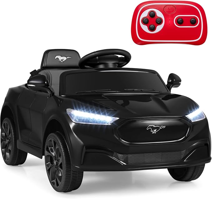 Costzon Ride on Car, 12V Licensed Ford Mach E Kids Electric Vehicle with Parent Remote, LED Lights, Horn, Music, Wireless Connection & Spring Suspension, Kids Car Toy for Girls Boys (Deep Black)