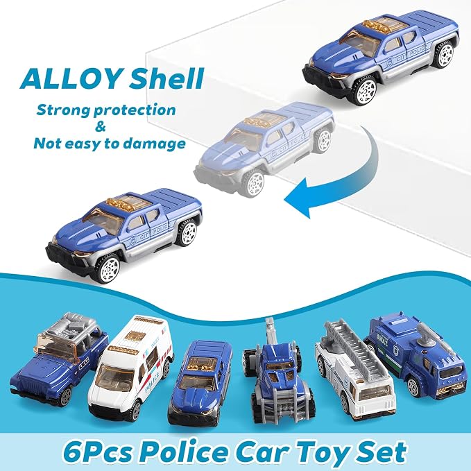 6 Pack Mini Die-cast Car 1/64 Scale Alloy Models Police Vehicle Set for Boys 3-5 6 7 - Ladder, Water Tower, Ambulance, Police Patrol Car & Transport Truck, Patrol - Kids Birthday Xmas Gift