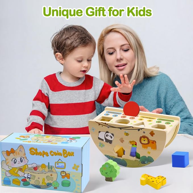 Montessori Busy Box for Toddlers 1-3, Wooden Object Permanence Coin Box with Shape Sorter & Animal Matching, Fine Motor Sensory Learning Toy with Wobble Base, Gift for 1 2 3 Year Old