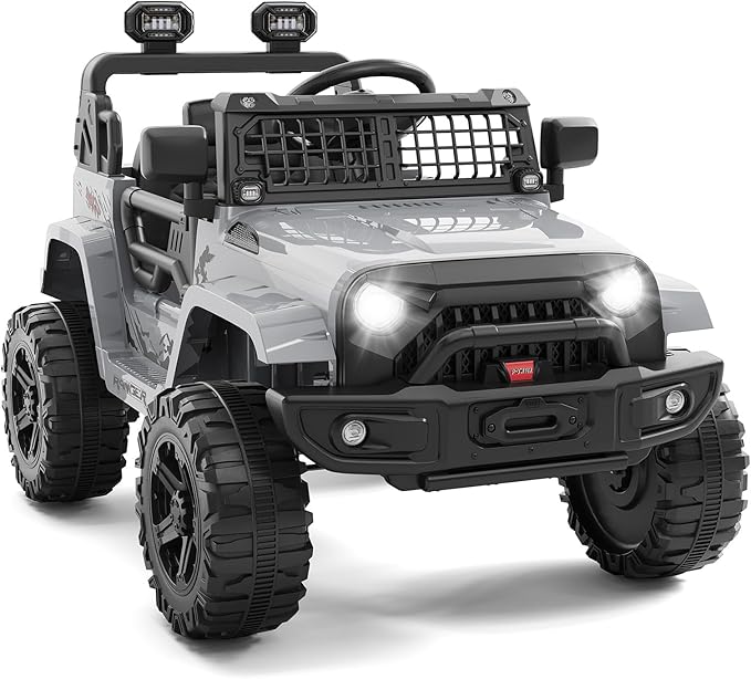 Hetoy 12V Ride on Toys with Parent Remote Control Toddler Electric Vehicle with Spring Suspension, LED Lights, Bluetooth, Music Player, 3 Speeds Ride on Car Truck for Kids Age 3-8 (Grey)