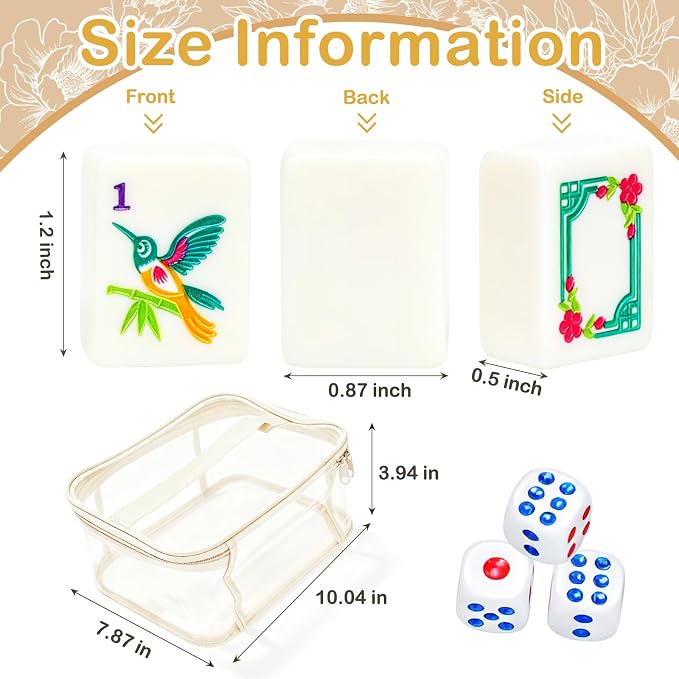 166 American Mahjong Tile Set with Storage Bag & Dice, 1.2" Mini White 3D Engraved Melamine Mahjong Tiles for Adults, Friends and Family Game Night, Travel Size Chinese Game Gifts