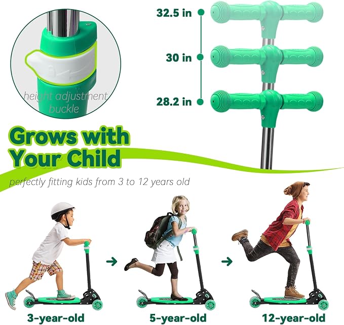 Scooter for Kids 3-12, Kid Scooters with Extra-Wide Deck, 165 lbs Capacity, 3 Wheel Kick Scooter with Lean to Steer, Height Adjustable Handlebar, Light Up Wheels for Stable Smooth Riding, Child Gift