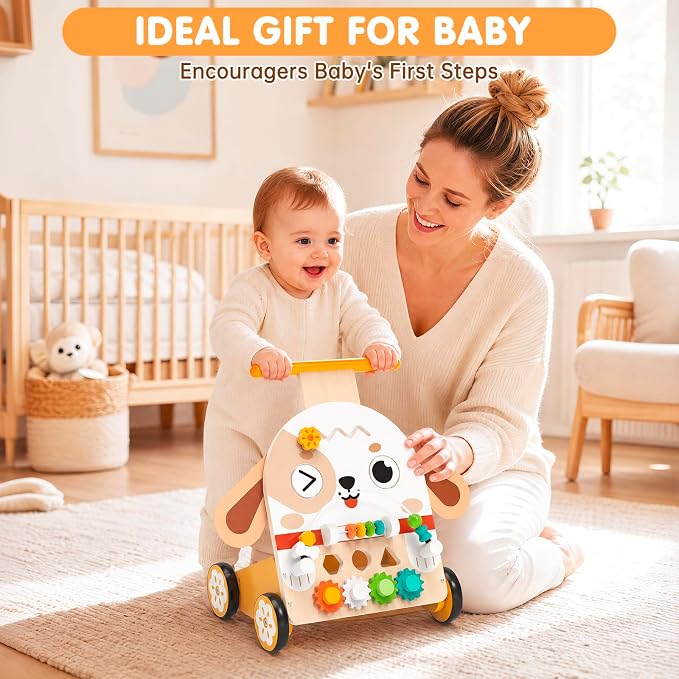 Wooden Baby Walker, 6-in-1 Push Walker for Toddlers | 6-in-1 Puppy Activity Walker with Shape Sorter, Bead Maze, Gears and Rubber Wheels for Toddlers 12-36 Months