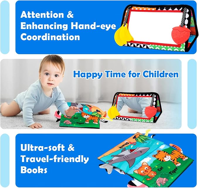 Tummy Time Toys - Baby Mirror Infant Toys Infant Toy with Cloth Book - Black and White High Contrast Baby Toys for Newborn - Montessori Sensory Toy 0 2 3 4 5 6-12 Months Babies Boy Girl Shower Gifts