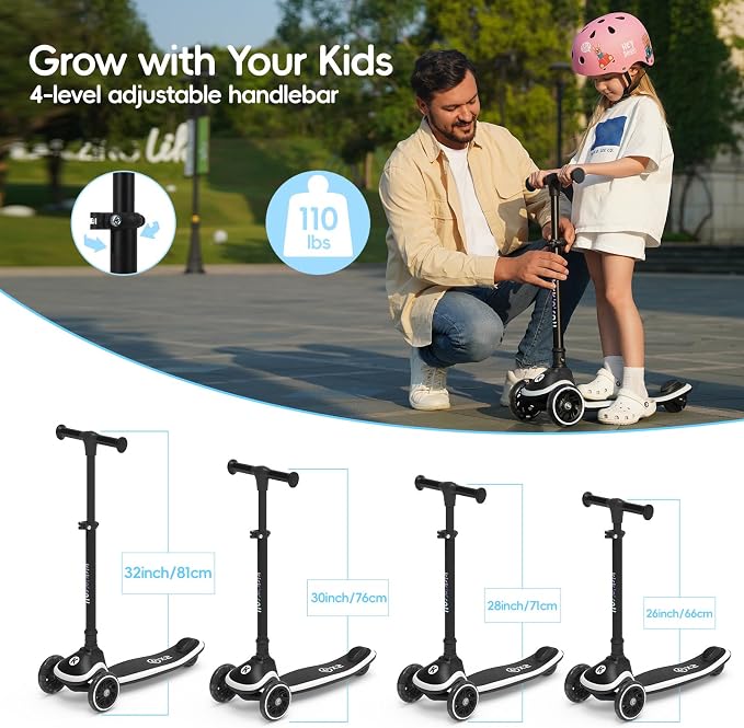Kicknroll Toddler Scooter 3 Wheel Kids Kick Scooters with Dynamic Light-Up Non-Slip Deck & LED Wheels, 4 Adjustable Height, Foldable, Lean-to-Steer Design for Girls Boys Ages 3-8 Max 110 Lbs