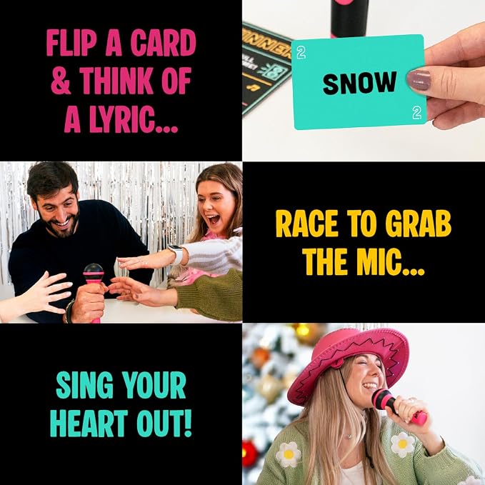 Lucky Egg Official Grab The Mic – Family Karaoke Board Game w/Foam Mic, 8+ Ages, 2-10 Players - Games for Bad Singers w/ 230 Lyrics (115 Cards)